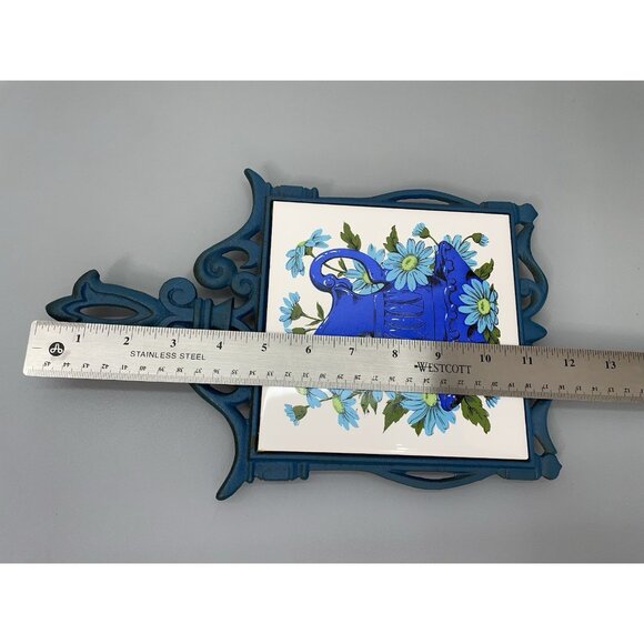 Vintage FM Trivet Cast Metal Ceramic Tile Hot Plate Floral Blue Made in Japan - Picture 5 of 6